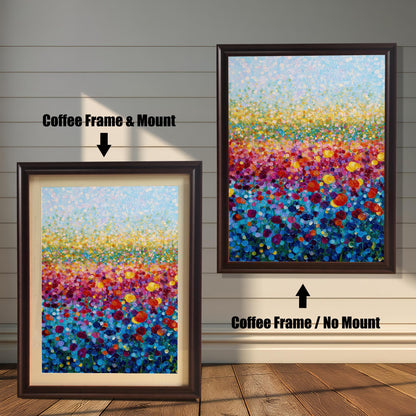 Comparison image showing the colorful flower field art print in a Coffee Frame with Mount (smaller, bottom left) and a Coffee Frame with No Mount (larger, top right).