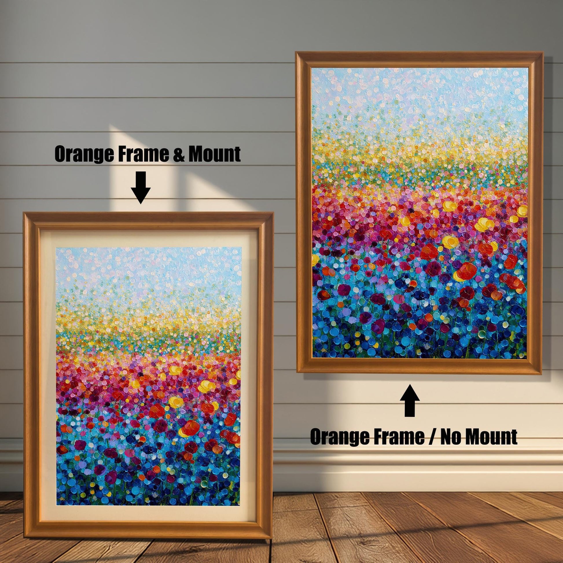Comparison image showing the colorful flower field art print in an Orange Frame with Mount (smaller, bottom left) and an Orange Frame with No Mount (larger, top right).