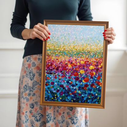 A woman in a dark shirt and floral skirt holding the colorful abstract flower field print in a gold/orange wood frame.