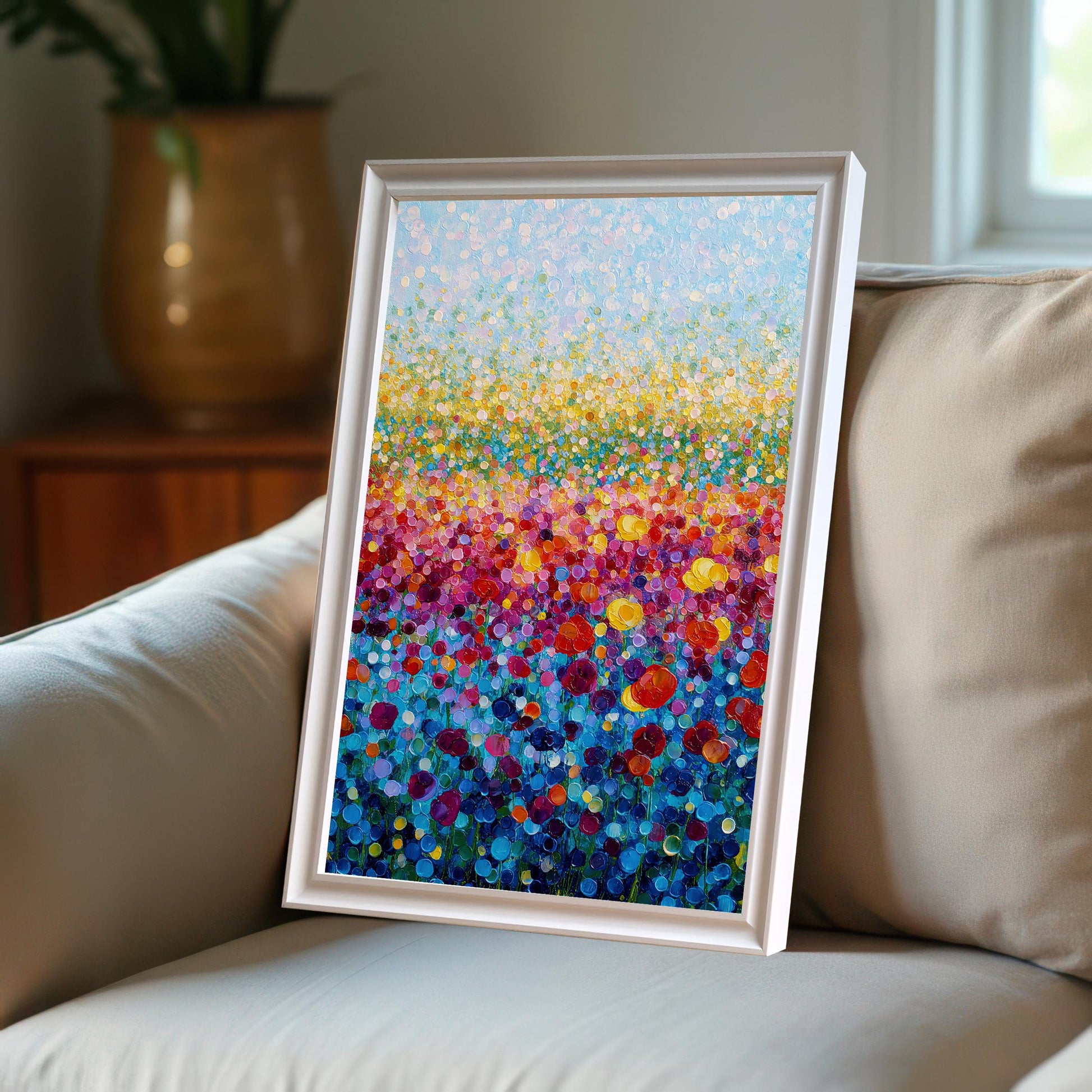Colorful abstract flower field print in a white frame, leaning on the armrest of a light-colored sofa in a bright room.