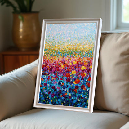 Colorful abstract flower field print in a white frame, leaning on the armrest of a light-colored sofa in a bright room.