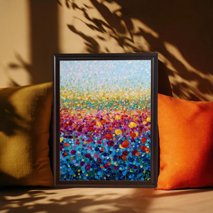 Abstract colorful flower field print in a dark frame, placed between two orange and mustard yellow pillows, with dappled light and shadow patterns across the wall.