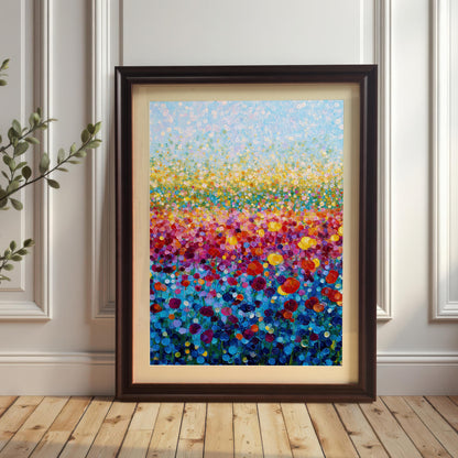 Bright abstract flower field print in a dark coffee wood frame with a light mount, leaning on a wood floor against a white paneled wall.