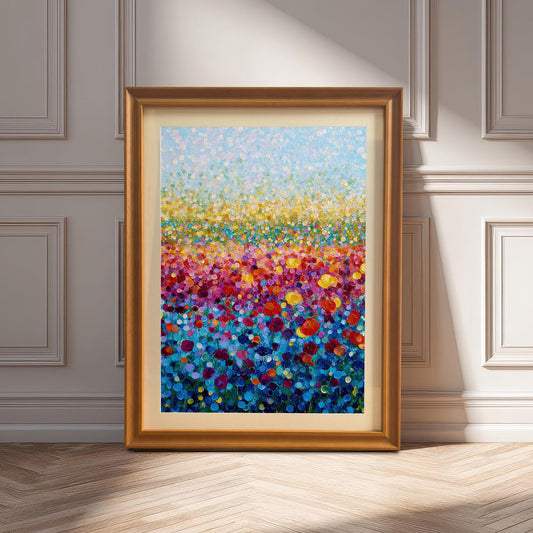 Colorful abstract flower field art print in a gold/orange wood frame with a mount, leaning against a detailed paneled wall, illuminated by sunlight.