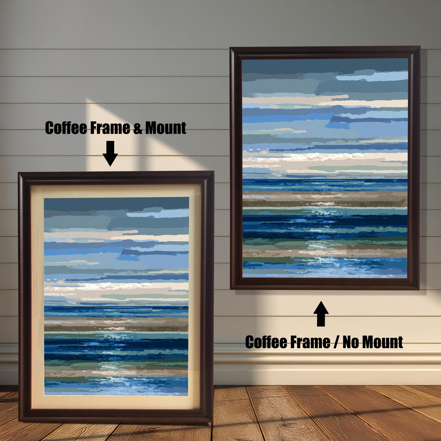 Comparison image showing the abstract seascape print in a Coffee Frame with Mount (smaller, bottom left) and a Coffee Frame with No Mount (larger, top right).