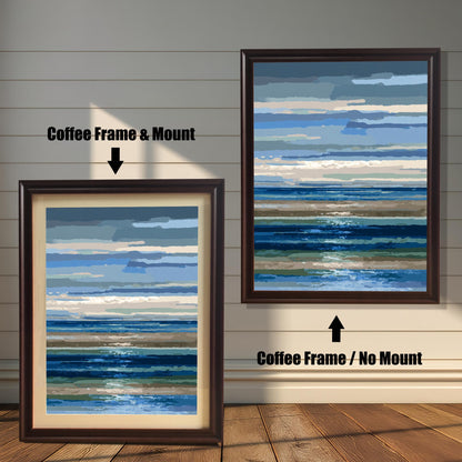 Comparison image showing the abstract seascape print in a Coffee Frame with Mount (smaller, bottom left) and a Coffee Frame with No Mount (larger, top right).
