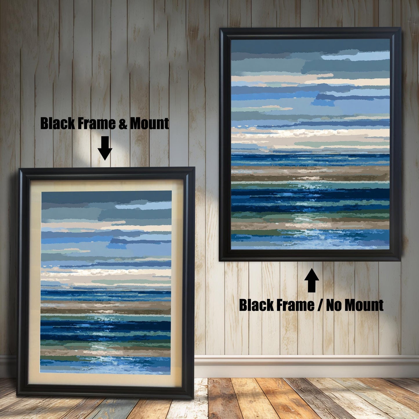 Comparison image showing the abstract seascape print in a Black Frame with Mount (smaller, bottom left) and a Black Frame with No Mount (larger, top right).