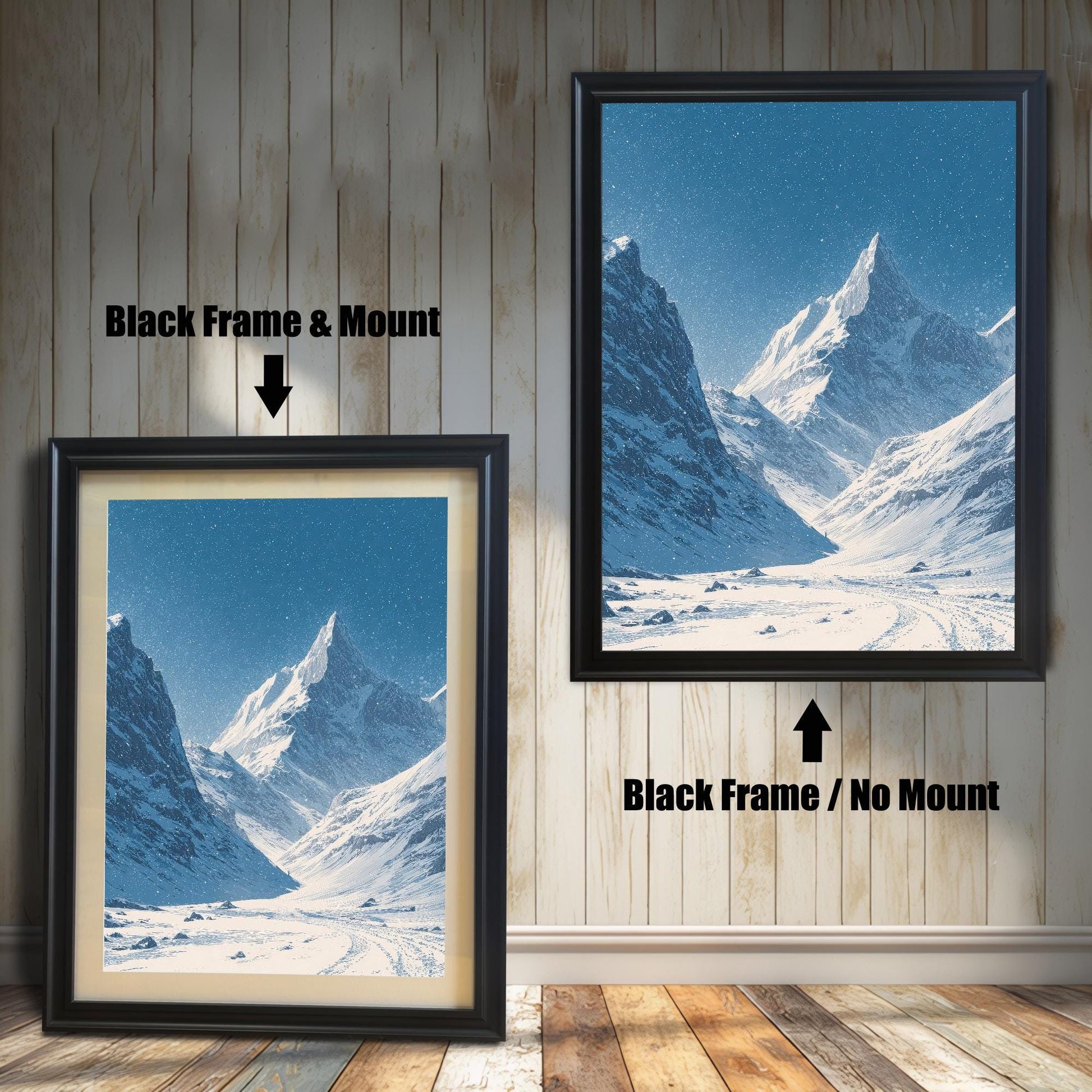 Comparison image showing the snowy mountain valley print in a Black Frame with Mount (smaller, bottom left) and a Black Frame with No Mount (larger, top right).