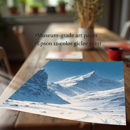Close-up of the blue and white snowy mountain landscape giclée print resting on a wooden table. Text highlights: ""Museum-grade art paper,"" ""Epson 12-color giclée print.""