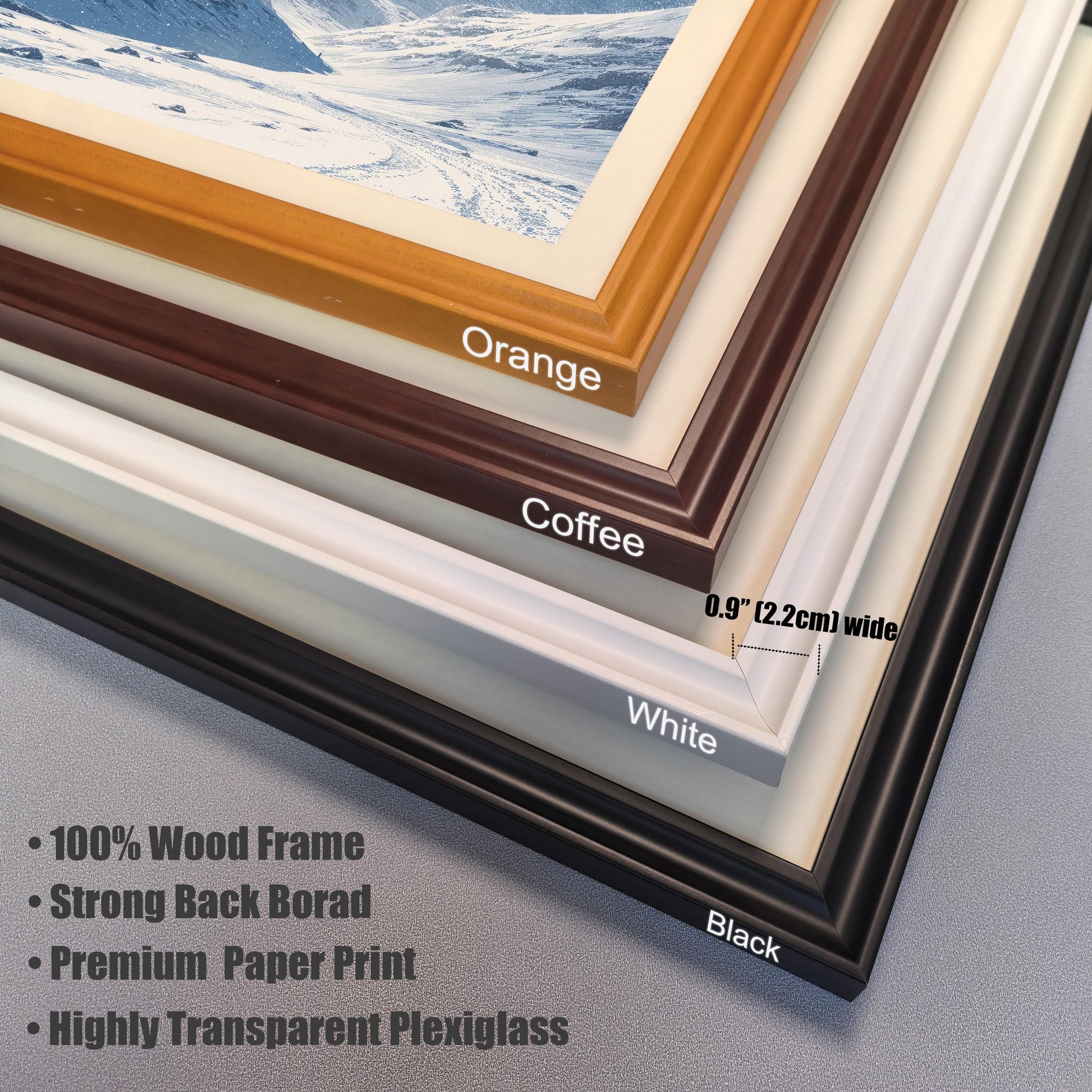 "Close-up showing the four available wood frame colors (Orange, Coffee, White, Black) and listing frame features: ""100% Wood Frame,"" ""Strong Back Borad,"" ""Premium Paper Print,"" ""Highly Transparent Plexiglass,"" and ""0.9"" (2.2cm) wide.""