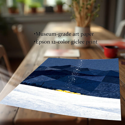 Close-up of the art print lifted off a wooden table, focusing on the print quality. Text reads: "Museum-grade art paper," "Epson 12-color giclee print.