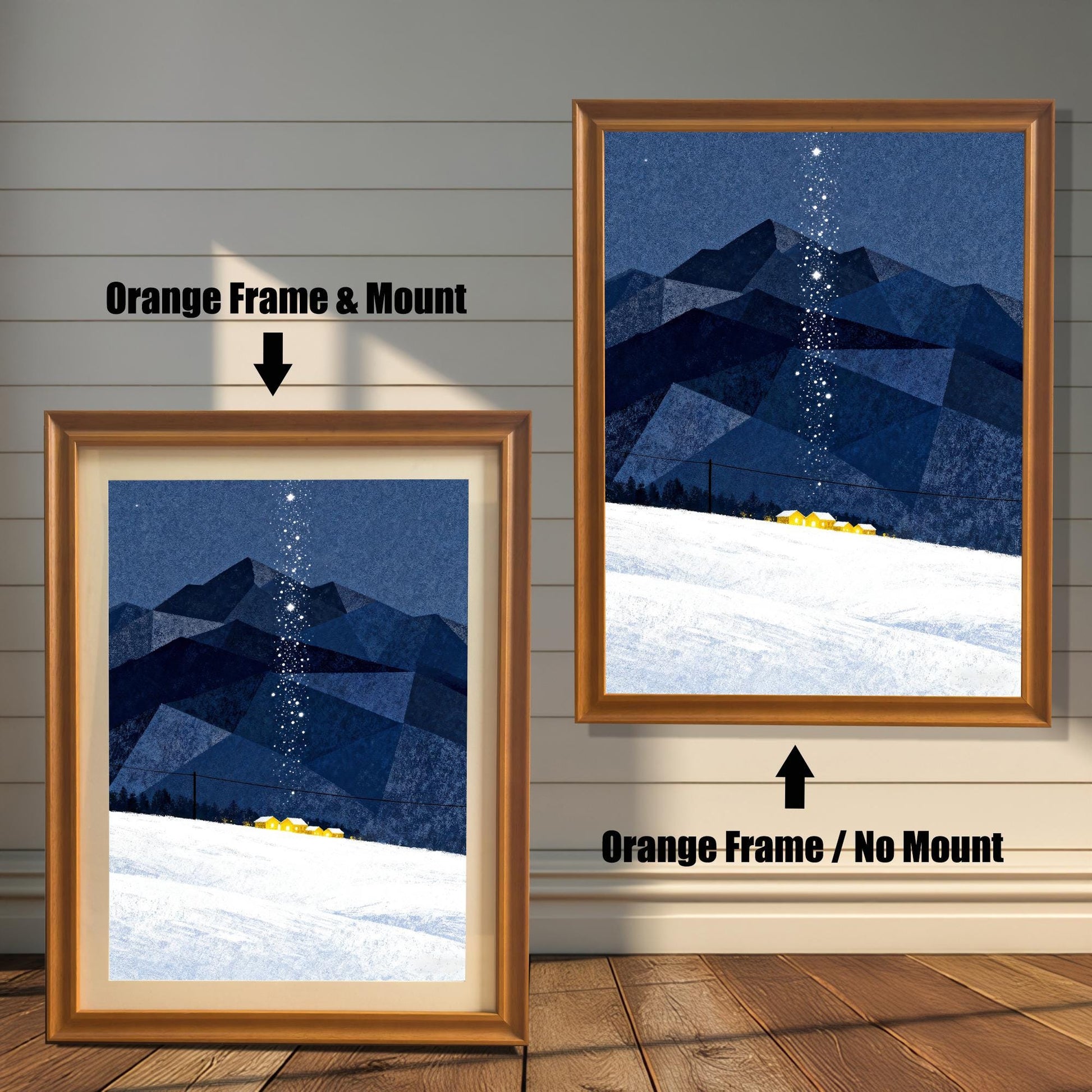Comparison image showing the art print in an Orange Frame & Mount (with a beige border) on the left, and an Orange Frame / No Mount (full bleed) on the right, against a white wood-paneled wall.