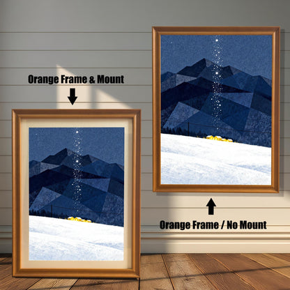 Comparison image showing the art print in an Orange Frame & Mount (with a beige border) on the left, and an Orange Frame / No Mount (full bleed) on the right, against a white wood-paneled wall.