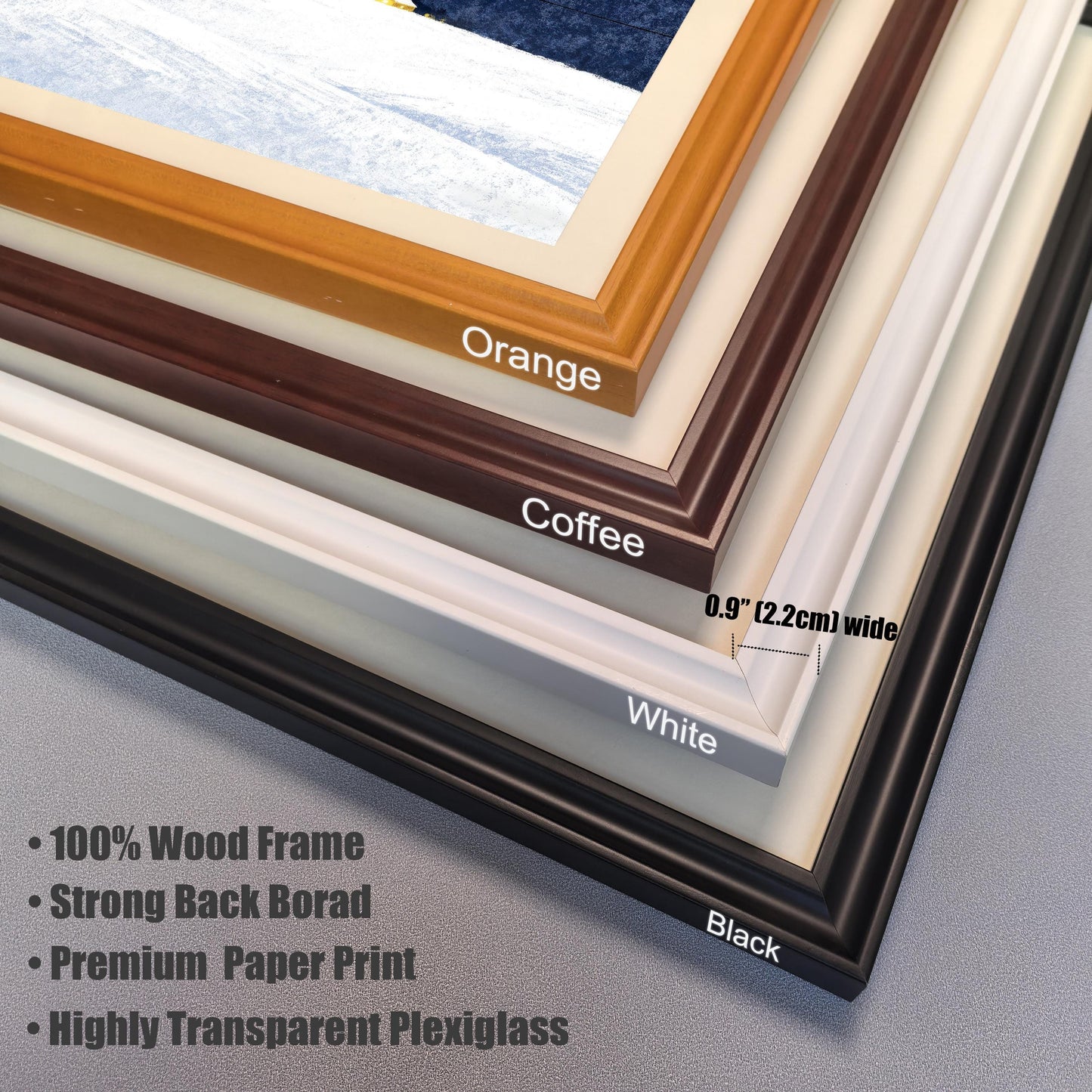Close-up showing four frame corner samples: Orange, Coffee, White, and Black. Text highlights frame details: 0.9" (2.2cm) wide, 100% Wood Frame, Strong Back Board, Premium Paper Print, Highly Transparent Plexiglass.