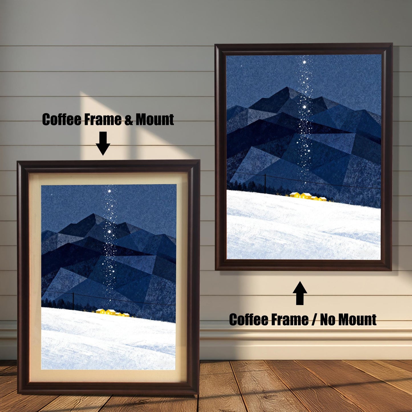 Comparison image showing the art print in a Coffee Frame & Mount (with a beige border) on the left, and a Coffee Frame / No Mount (full bleed) on the right, against a white wood-paneled wall.