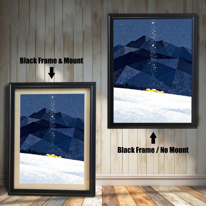 Comparison image showing the art print in a Black Frame & Mount (with a beige border) on the left, and a Black Frame / No Mount (full bleed) on the right, against a rustic wood-paneled wall.