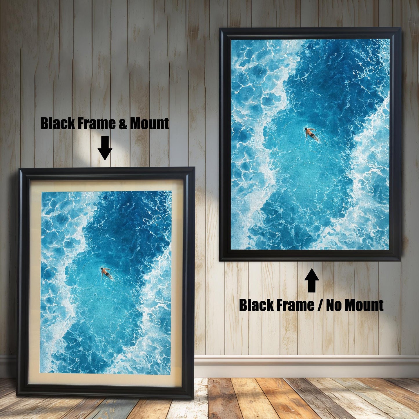 Comparison of the ocean art print with a Black frame. The image on the left has a 'Mount' (mat board) and is leaning against the wall. The image on the right is hanging and has 'No Mount'. Both have a black wood frame.