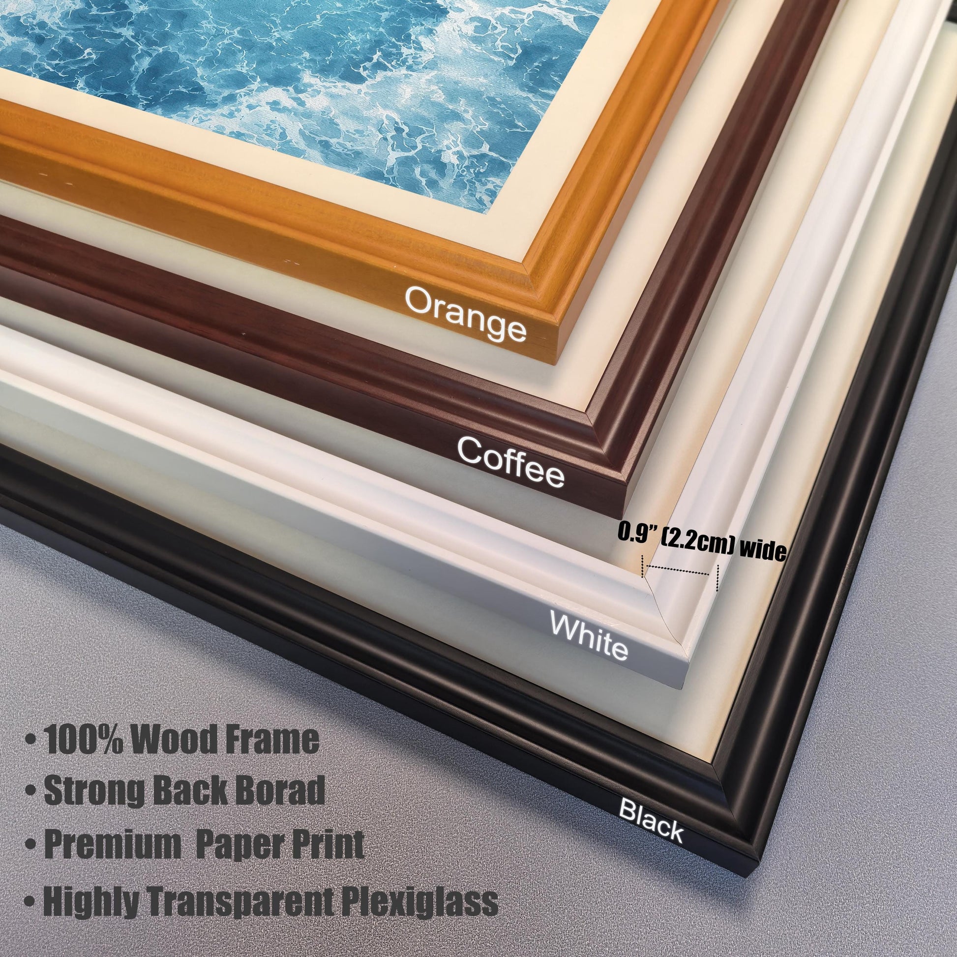Close-up view of four stacked wood frame corners for the ocean art print, labeled Orange, Coffee, White, and Black, with a measurement showing the frame width is 0.9"" (2.2cm). Bullet points list features: 100% Wood Frame, Strong Back Borad, Premium Paper Print, Highly Transparent Plexiglass.