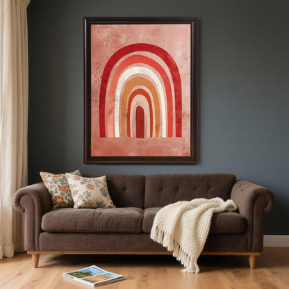 The boho rainbow art print framed in a Coffee/dark brown frame with no mat, hanging on a dark grey wall above a brown velvet sofa with throw pillows and a white blanket.