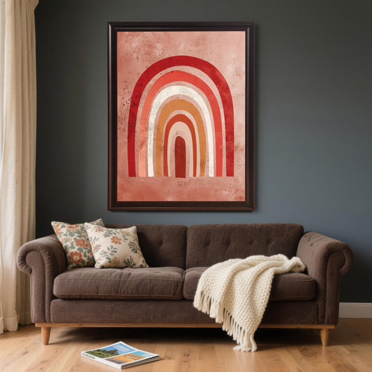 The boho rainbow art print framed in a Coffee/dark brown frame with no mat, hanging on a dark grey wall above a brown velvet sofa with throw pillows and a white blanket.