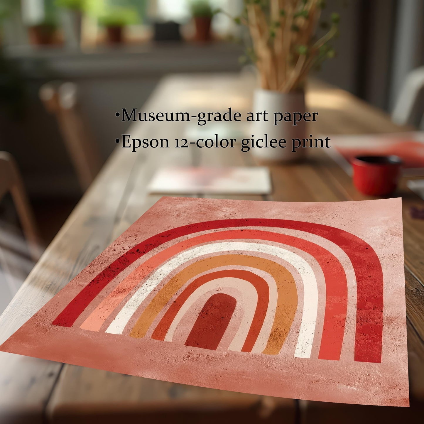 Close-up of the boho rainbow art print lying on a wooden table. The design features thick arches in shades of red, orange, white, and rust on a dusty pink background. Text overlay highlights product features: Museum-grade art paper, Epson 12-color giclee print.