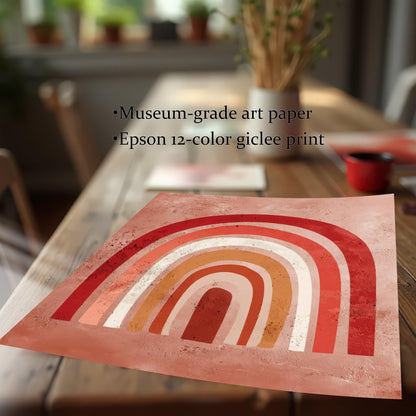 Close-up of the boho rainbow art print lying on a wooden table. The design features thick arches in shades of red, orange, white, and rust on a dusty pink background. Text overlay highlights product features: Museum-grade art paper, Epson 12-color giclee print.