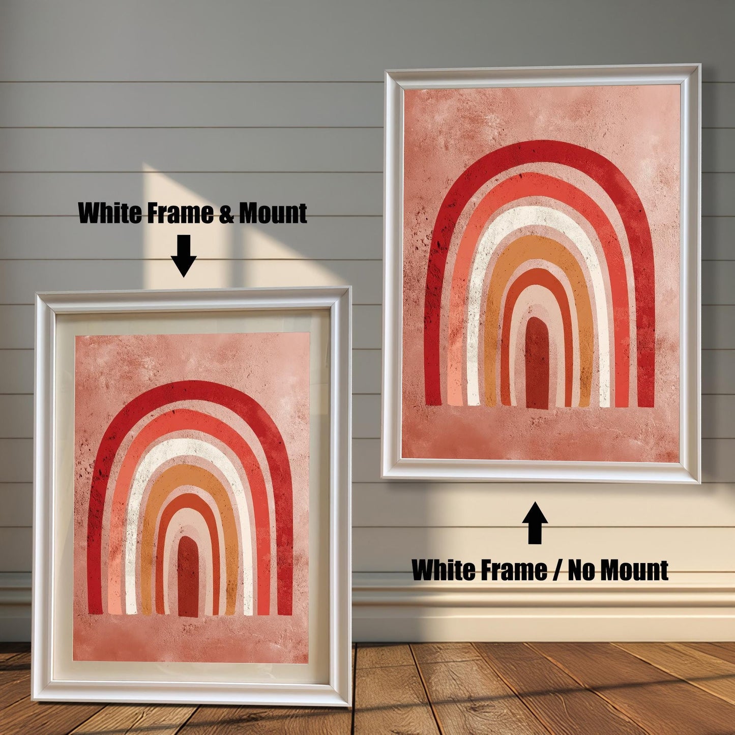 Comparison of the boho rainbow art print with a White frame. The image on the left has a 'Mount' (mat board) and is leaning against the wall. The image on the right is hanging and has 'No Mount'. Both have a white wood frame.