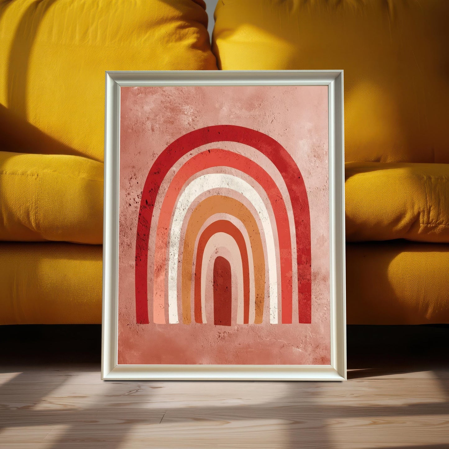 The boho rainbow art print framed in a White/silver frame with no mat, leaning on a wooden floor against a vibrant yellow sofa.