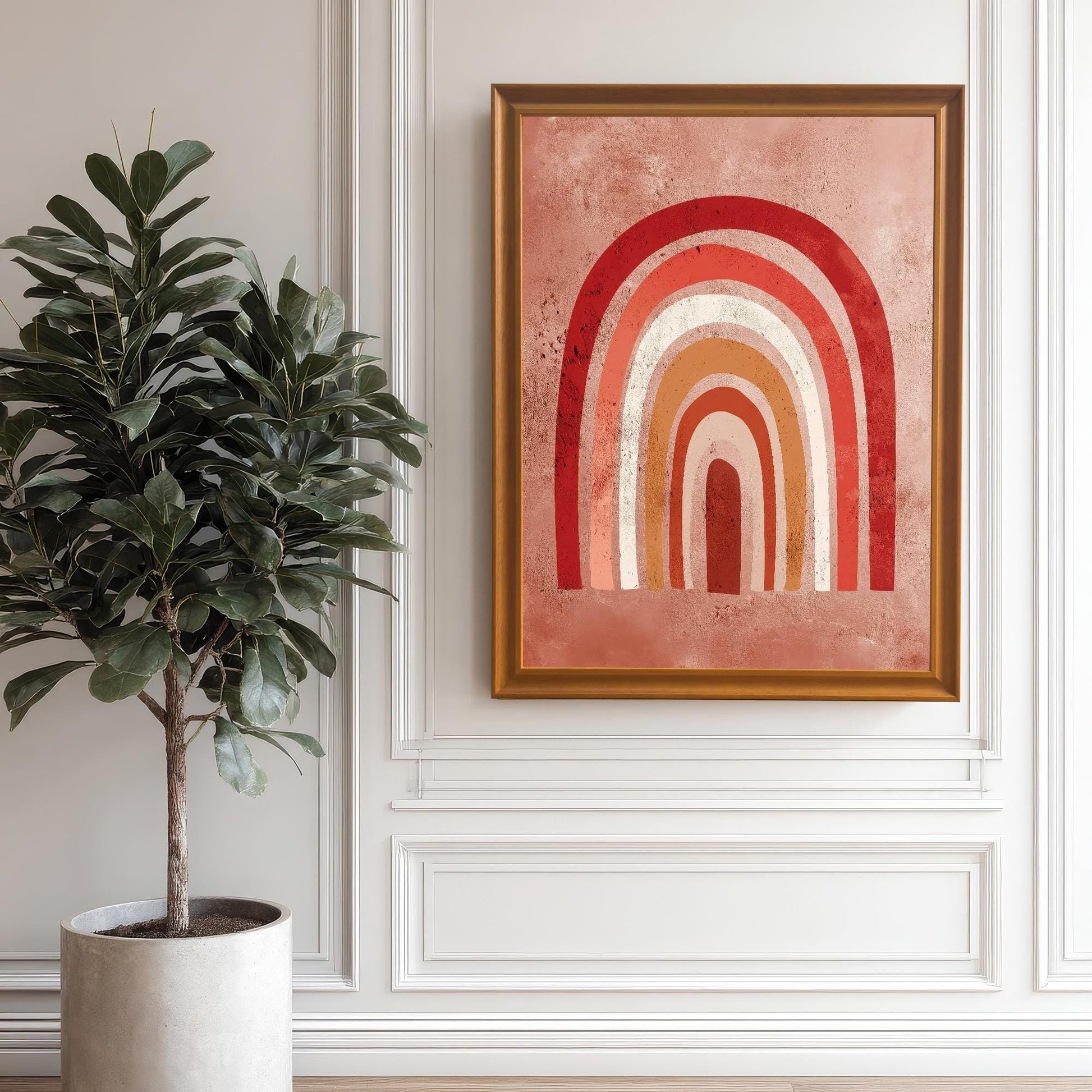 The boho rainbow art print framed in an Orange/light brown frame with no mat, hanging on a white wainscoted wall next to a tall potted plant.