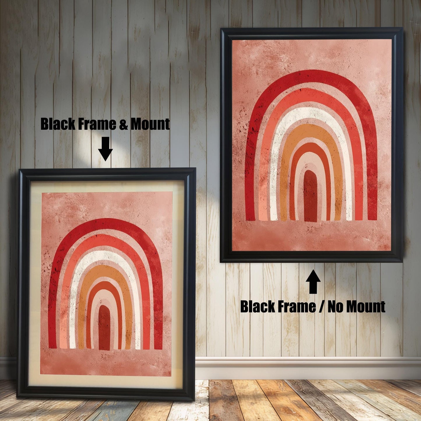 Comparison of the boho rainbow art print with a Black frame. The image on the left has a 'Mount' (mat board) and is leaning against the wall. The image on the right is hanging and has 'No Mount'. Both have a black wood frame.