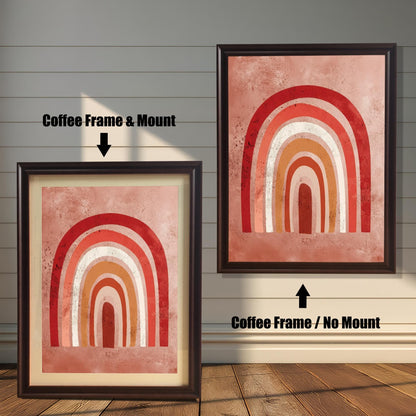 Comparison of the boho rainbow art print with a Coffee frame. The image on the left has a 'Mount' (mat board) and is leaning against the wall. The image on the right is hanging and has 'No Mount'. Both have a dark brown, or 'Coffee', wood frame.