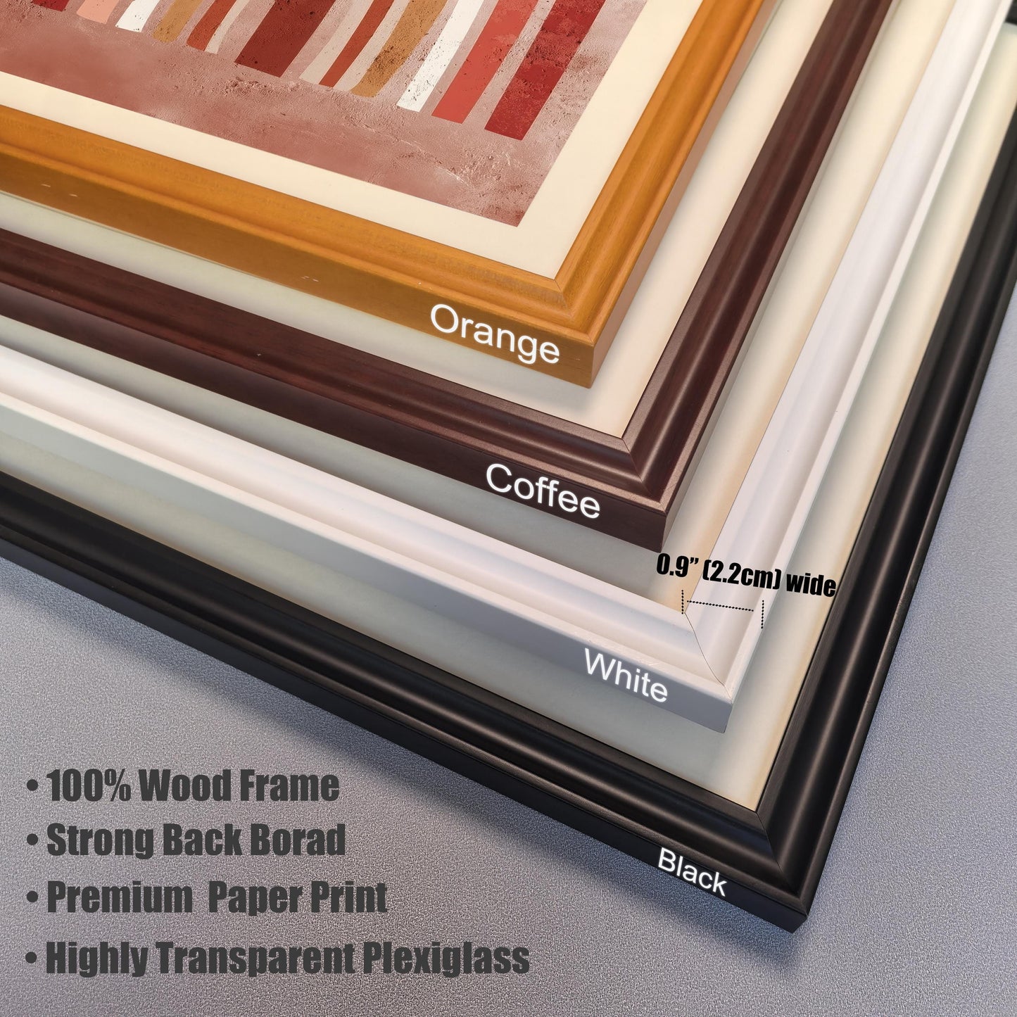 Close-up view of four stacked wood frame corners for the boho rainbow art, labeled Orange, Coffee, White, and Black, with a measurement showing the frame width is 0.9"" (2.2cm). Bullet points list features: 100% Wood Frame, Strong Back Borad, Premium Paper Print, Highly Transparent Plexiglass.
