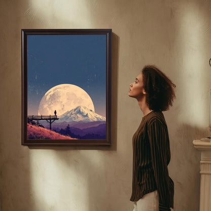 Landscape art print in a dark wood frame, featuring a large moon over a mountain and a figure on a bridge, hanging on a textured wall with a woman looking at it.