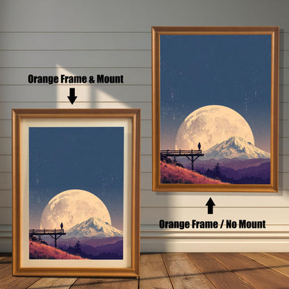 Landscape art print, side-by-side comparison of an orange/light brown wood frame with a mount (mat) and an orange wood frame with no mount, against a white panel wall.