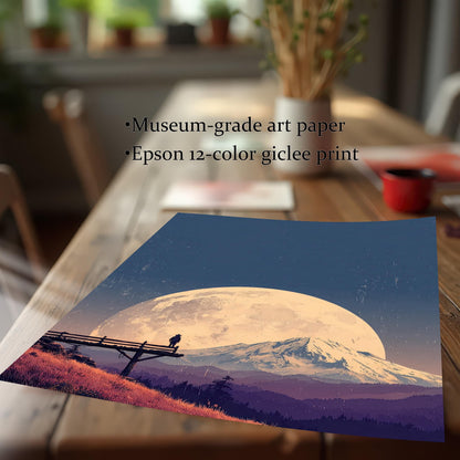 Close-up of the landscape art print lying on a wooden table, emphasizing the print quality and noting ""Museum-grade art paper"" and ""Epson 12-color giclee print.""