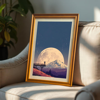 Landscape art print in an orange/light brown wood frame with a mount, featuring a large moon over a mountain, propped up on a neutral-colored armchair.