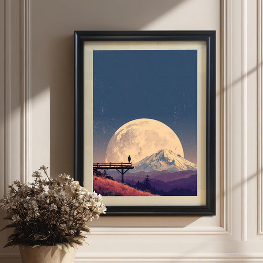 Landscape art print in a black frame with a mount, featuring a large moon over a mountain, leaning on a white decorative wall next to a pot of dried flowers.
