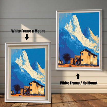 Landscape art print, side-by-side comparison of a white wood frame with a mount (mat) and a white wood frame with no mount, against a white panel wall.