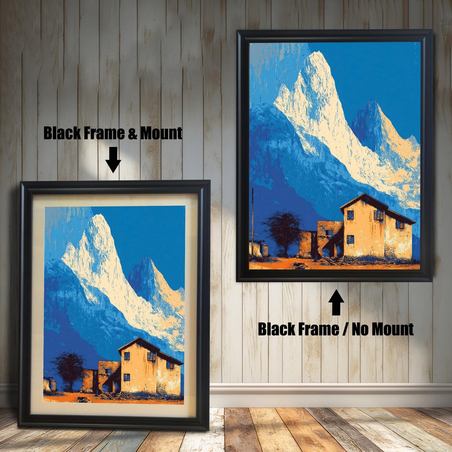 Landscape art print, side-by-side comparison of a black wood frame with a mount (mat) and a black wood frame with no mount, against a white panel wall.