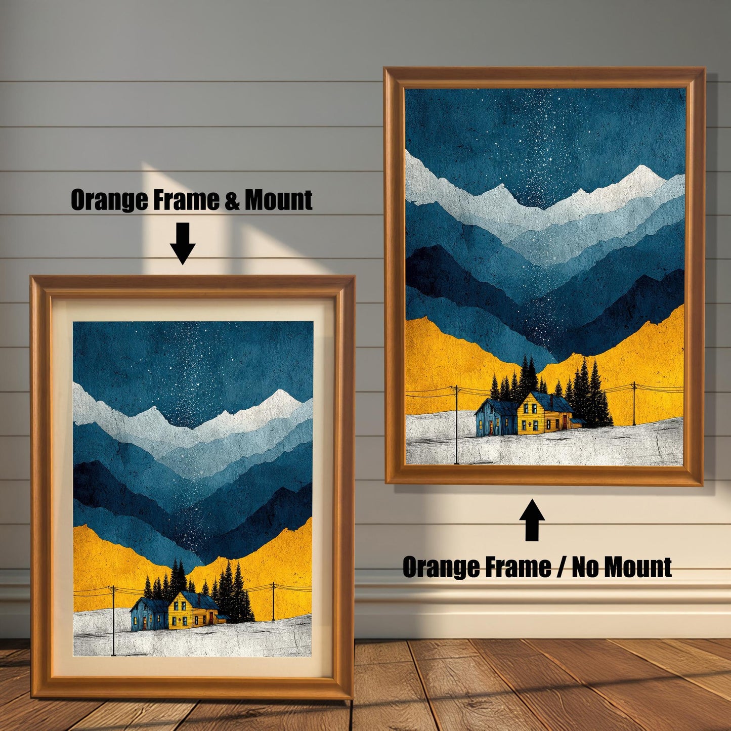 A comparison image showing the art print in an Orange Frame & Mount (with a white mat) on the left, and an Orange Frame / No Mount (full bleed print) on the right, against a white wainscoted wall.