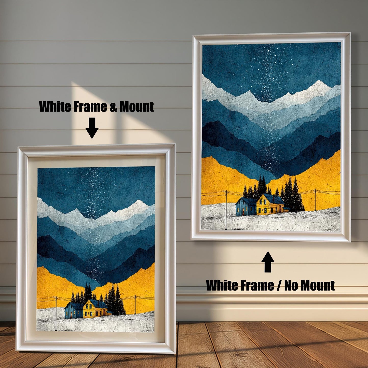 A comparison image showing the art print in a White Frame & Mount (with a white mat) on the left, and a White Frame / No Mount (full bleed print) on the right, against a white wainscoted wall.