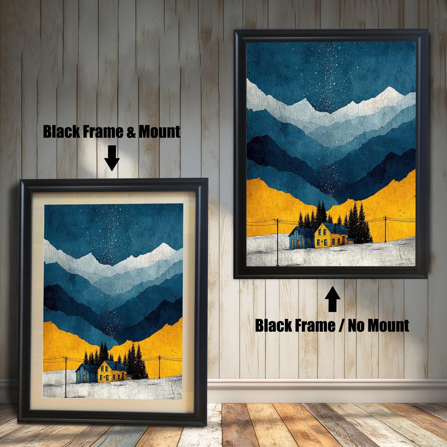 A comparison image showing the art print in a Black Frame & Mount (with a white mat) on the left, and a Black Frame / No Mount (full bleed print) on the right, against a wooden plank wall background.