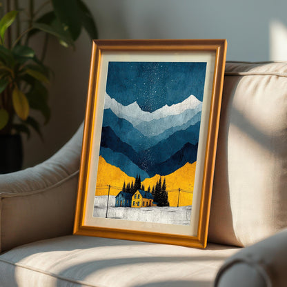 The framed art print in an Orange frame (or light wood frame) leaning against a beige armchair, showing the artwork with a white mat/mount.