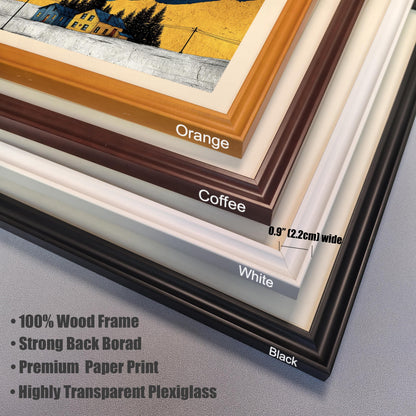 A close-up image showing four available wood frame colors: Orange, Coffee, White, and Black. Text highlights the frame width (0.9"" / 2.2cm) and features: 100% Wood Frame, Strong Backboard, Premium Paper Print, and Highly Transparent Plexiglass.