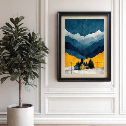 The art print in a Black Frame with a mat/mount hanging on a white paneled wall next to a large potted fiddle-leaf fig plant.
