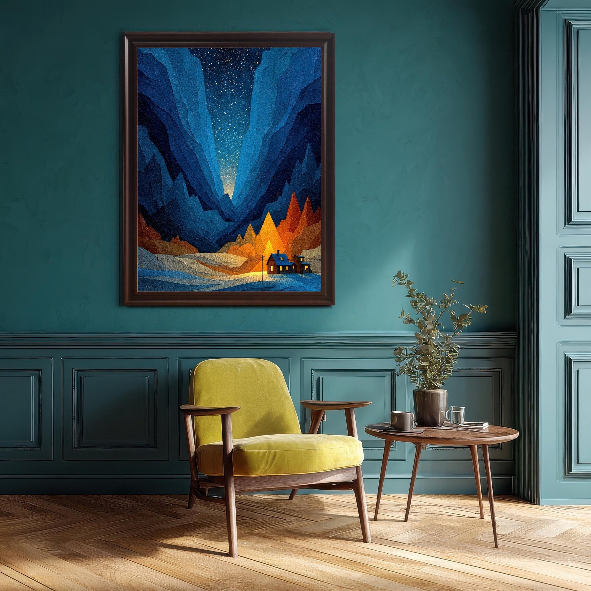 The framed art print in a dark Coffee frame with a mat, hanging on a dark teal paneled wall above a mid-century modern yellow armchair and a small side table.