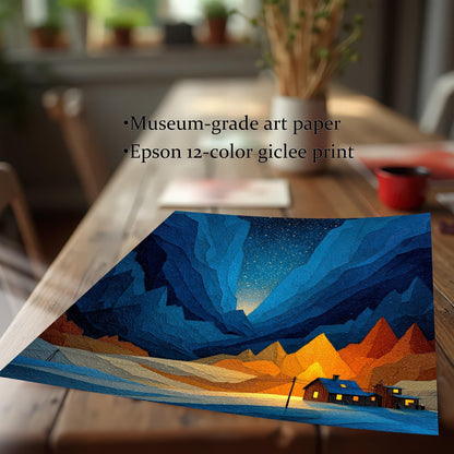 A close-up of the unframed geometric landscape print lying on a wooden table, emphasizing the textured style. Text describes the materials as ""Museum-grade art paper"" and ""Epson 12-color giclee print.""