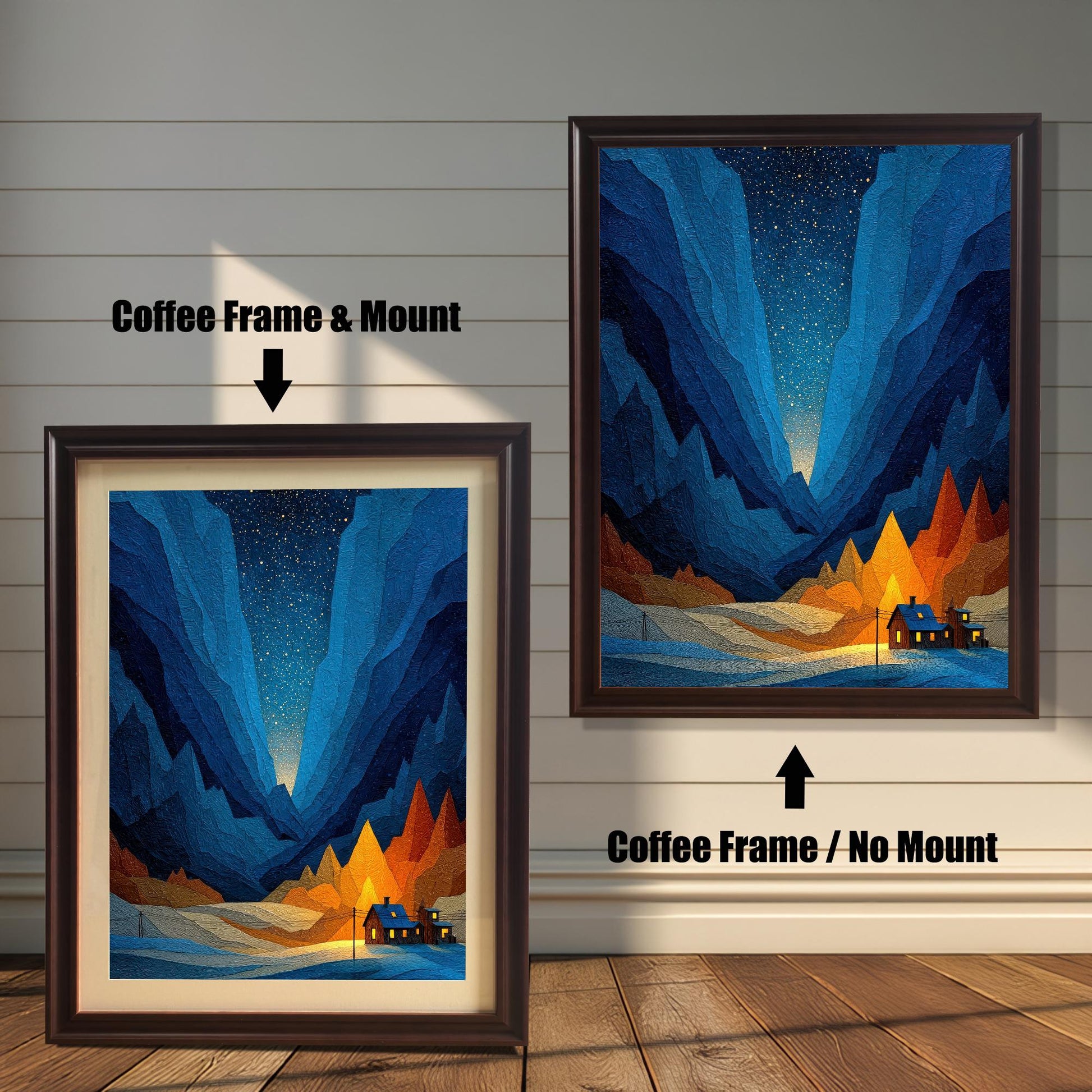 A comparison image showing the art print in a Coffee Frame & Mount (with a light mat) on the left, and a Coffee Frame / No Mount (full bleed print) on the right, against a white wainscoted wall.