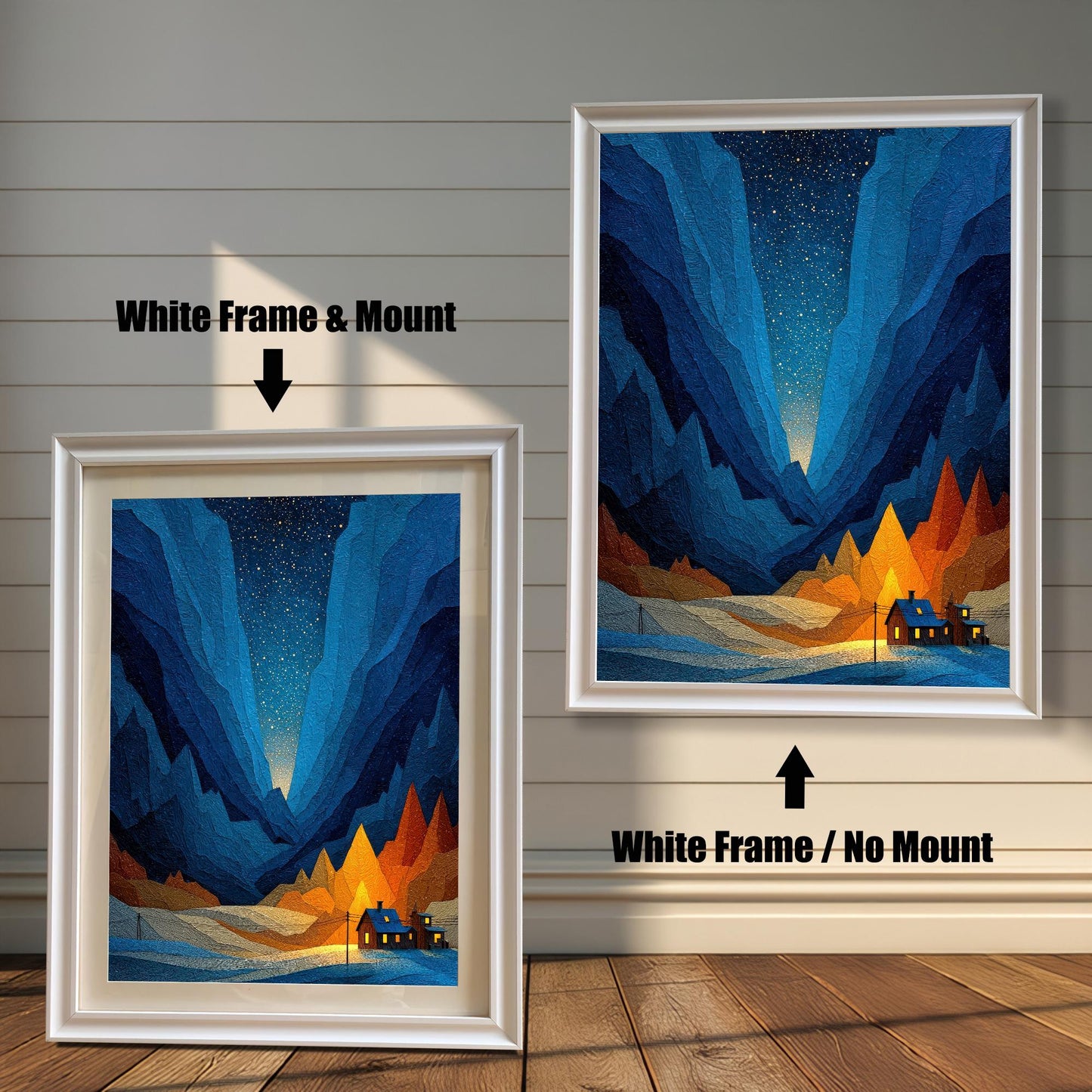 A comparison image showing the art print in a White Frame & Mount (with a white mat) on the left, and a White Frame / No Mount (full bleed print) on the right, against a white wainscoted wall.