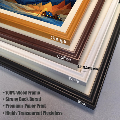 A close-up image showing four available wood frame colors: Orange, Coffee, White, and Black. Text highlights the frame width (0.9"" / 2.2cm) and features: 100% Wood Frame, Strong Backboard, Premium Paper Print, and Highly Transparent Plexiglass.